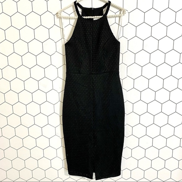Shilla Black Textured Shift Halter Sleeveless Midi Sheath Dress SIZE SMALL - Picture 1 of 6